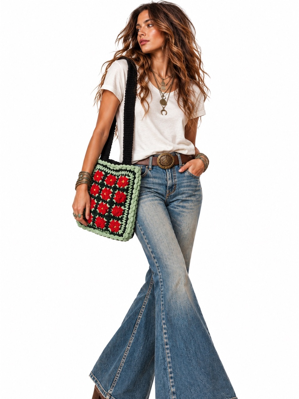 Handmade Crochet Granny Square Crossbody Bag Red Rose 3D Floral Boho Green Mint